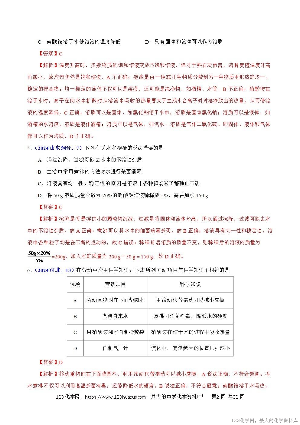 2024年中考化学试卷分类汇编专题12溶液、溶解度与溶液的浓度解析版word版