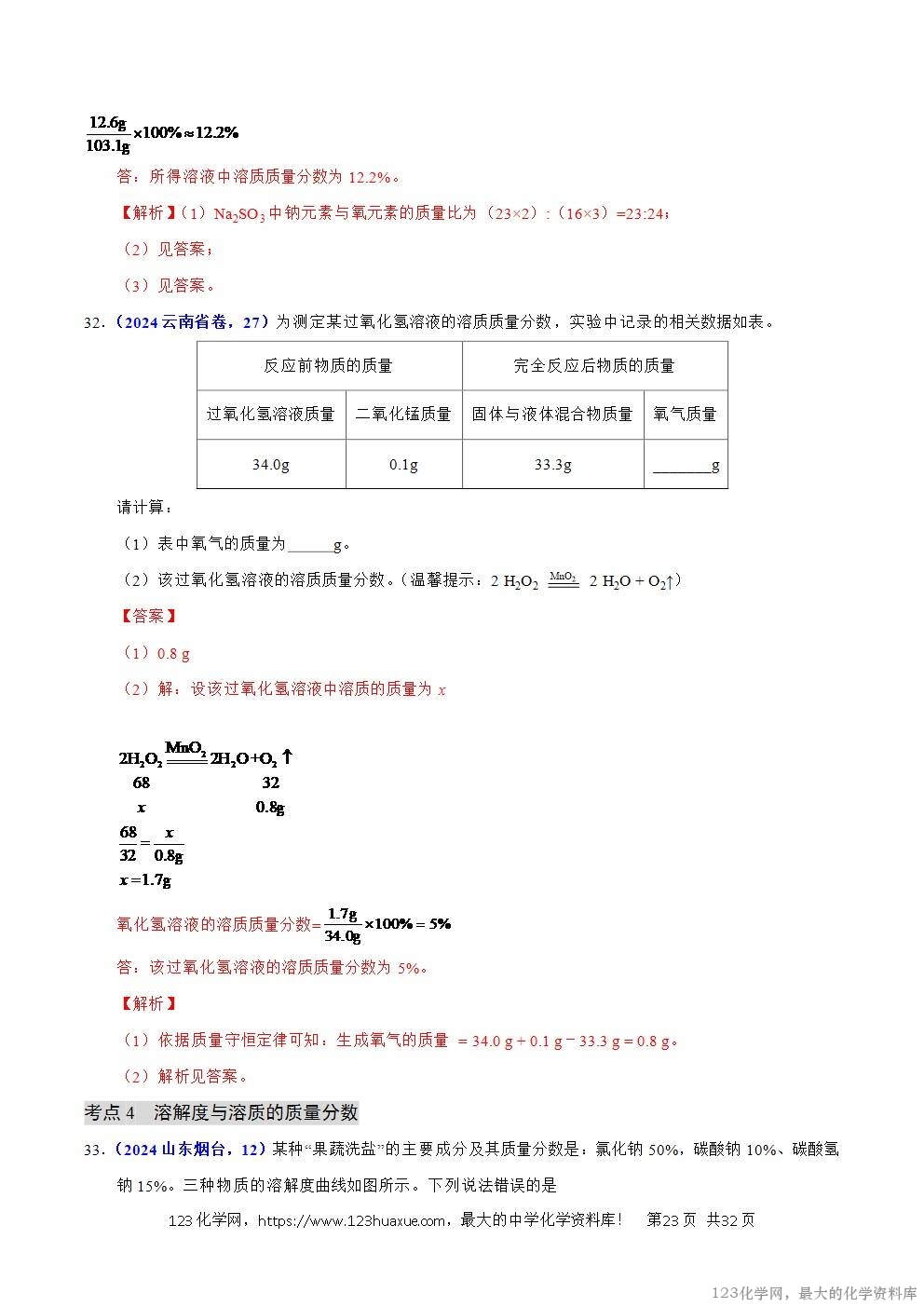 2024年中考化学试卷分类汇编专题12溶液、溶解度与溶液的浓度解析版word版