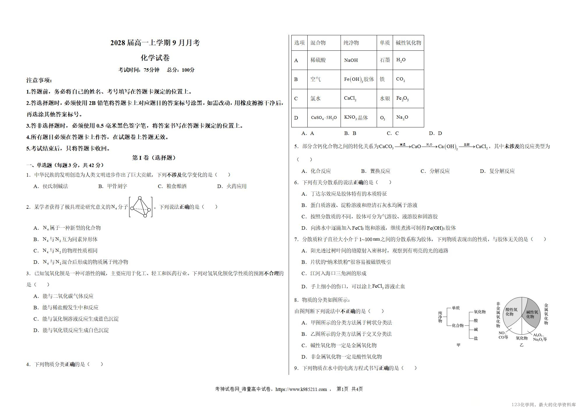 2028届高一上学期9月月考化学试卷_01